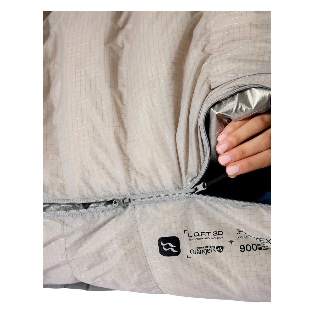 Rab Mythic Down Sleeping Bag -6C hood close up showing face seal and draft protection