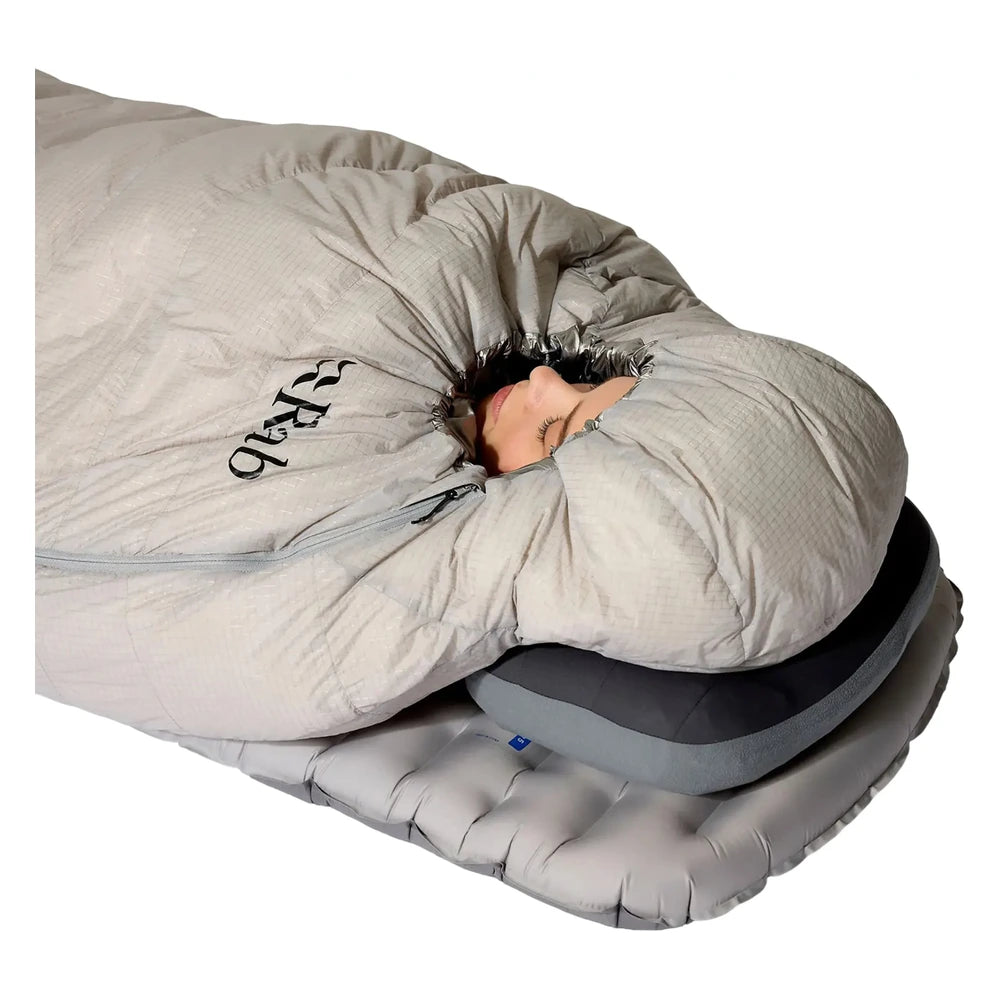 Rab Mythic Down Sleeping Bag -6C hooded side view on sleeping pad