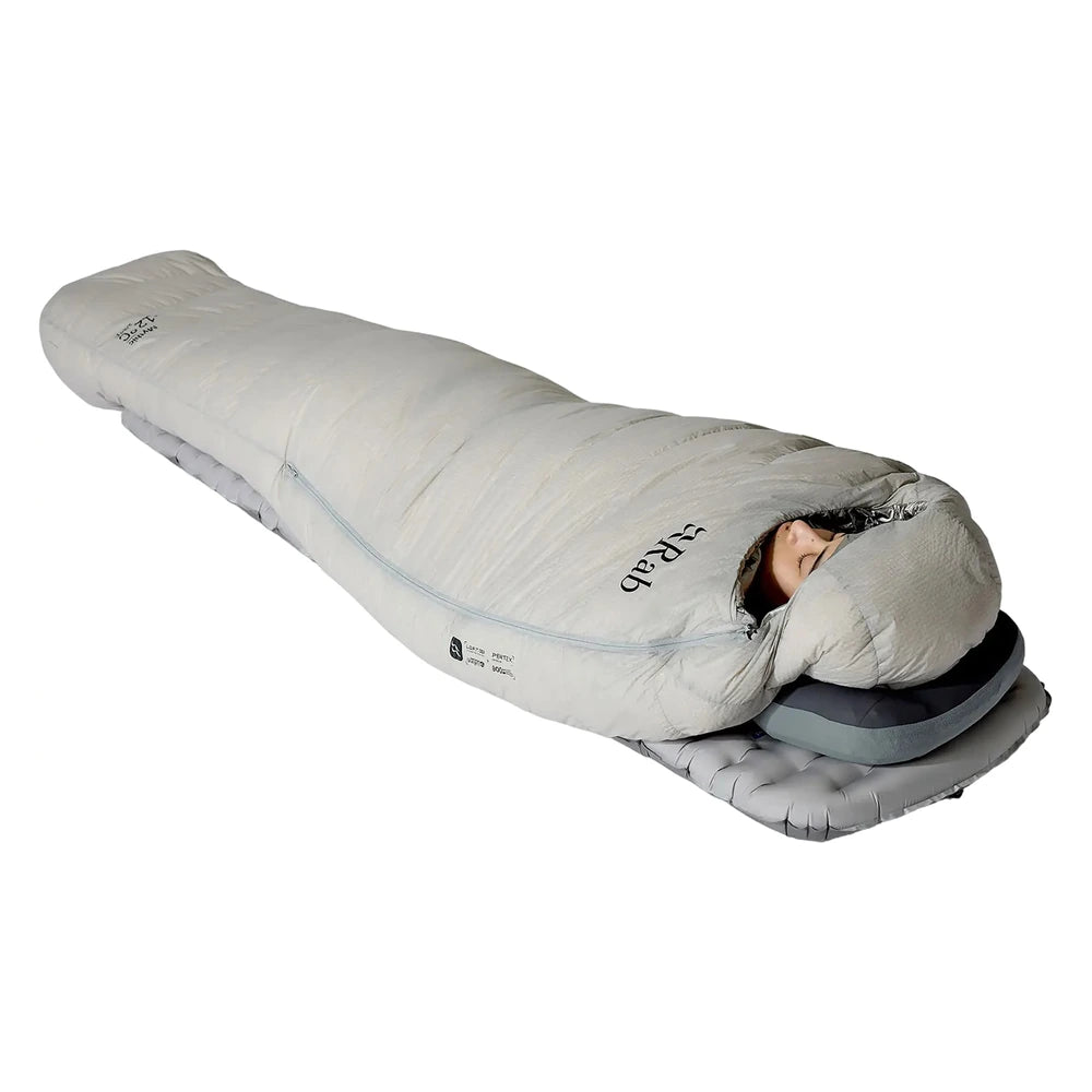 Rab Mythic Down Sleeping Bag -6C side sleeping fit demonstration on sleeping pad