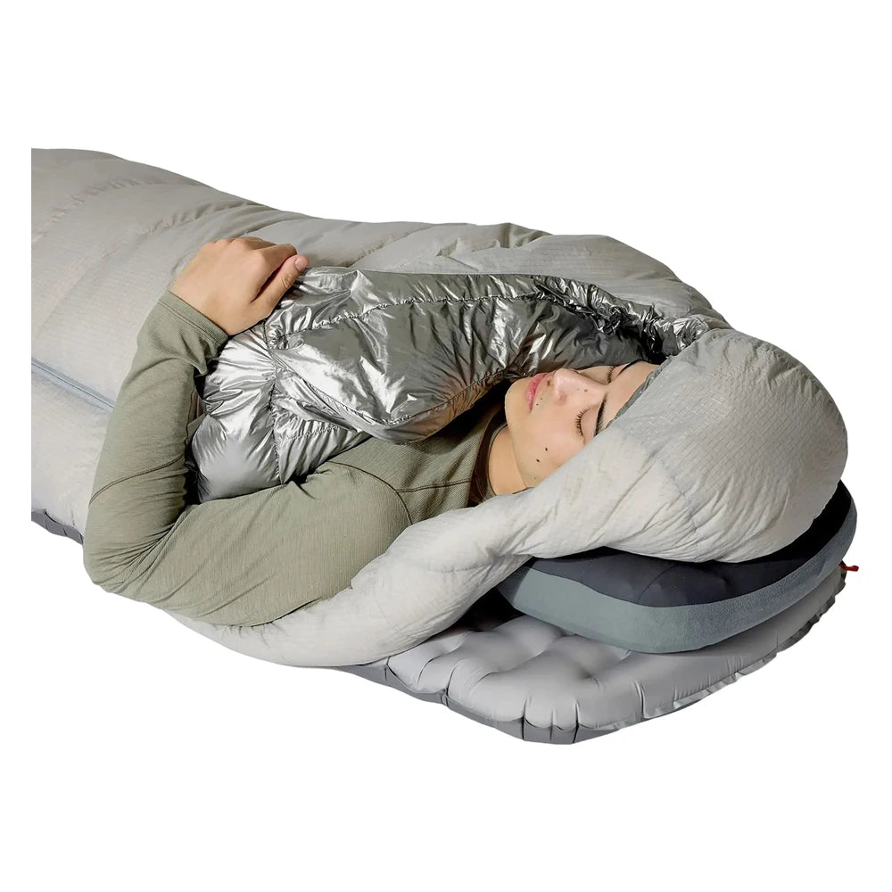 Rab Mythic Down Sleeping Bag -6C hooded side view on sleeping pad