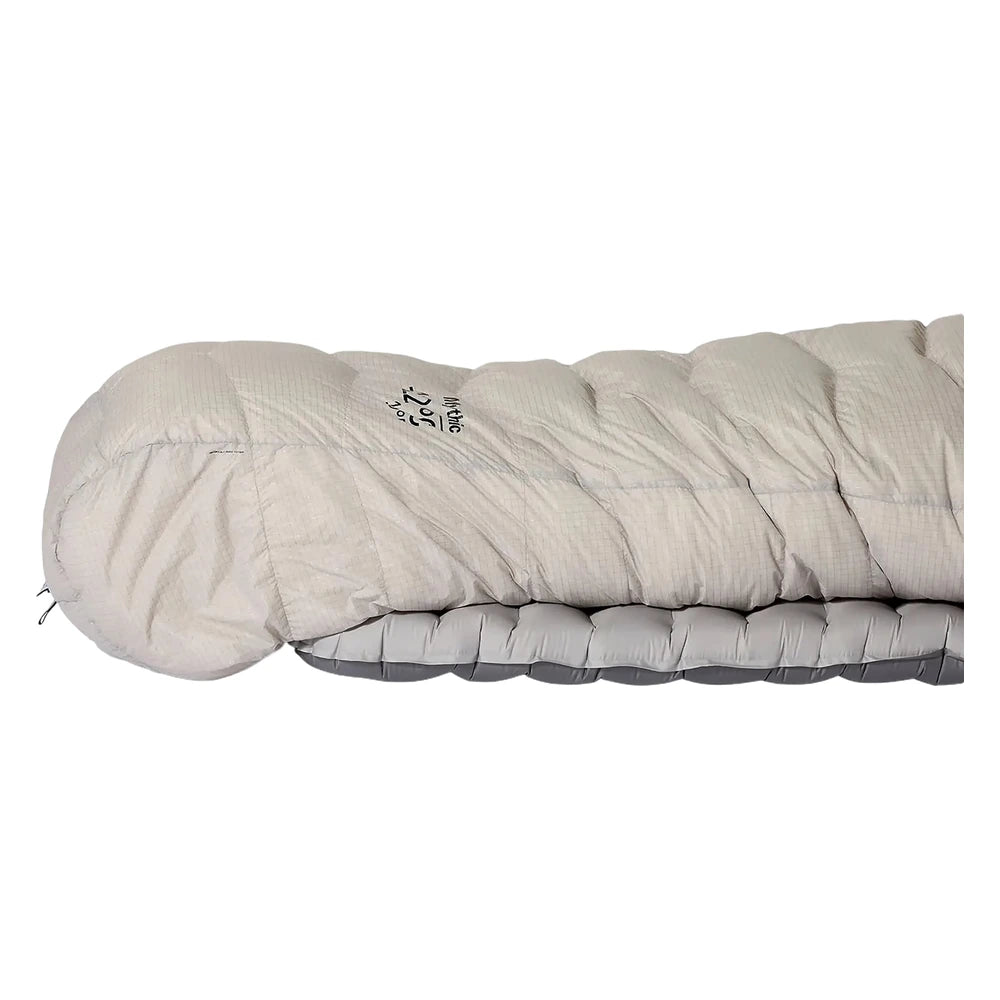 Rab Mythic Down Sleeping Bag -6C side profile on sleeping pad showing loft and warmth