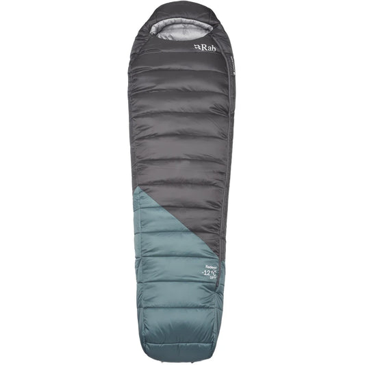Rab Radeon -12°C sleeping bag front view grey teal insulated cold weather mummy bag