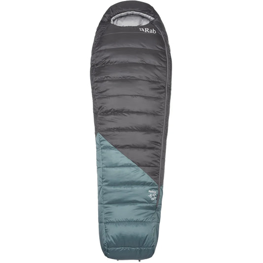 Rab Radeon -6°C sleeping bag front view grey teal insulated mummy sleeping bag cold weather