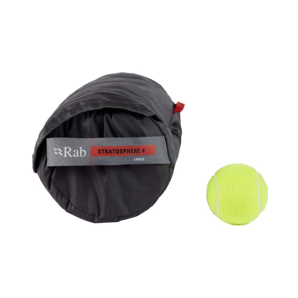 Rab Stratosphere 4 sleeping mat packed size comparison showing compactness
