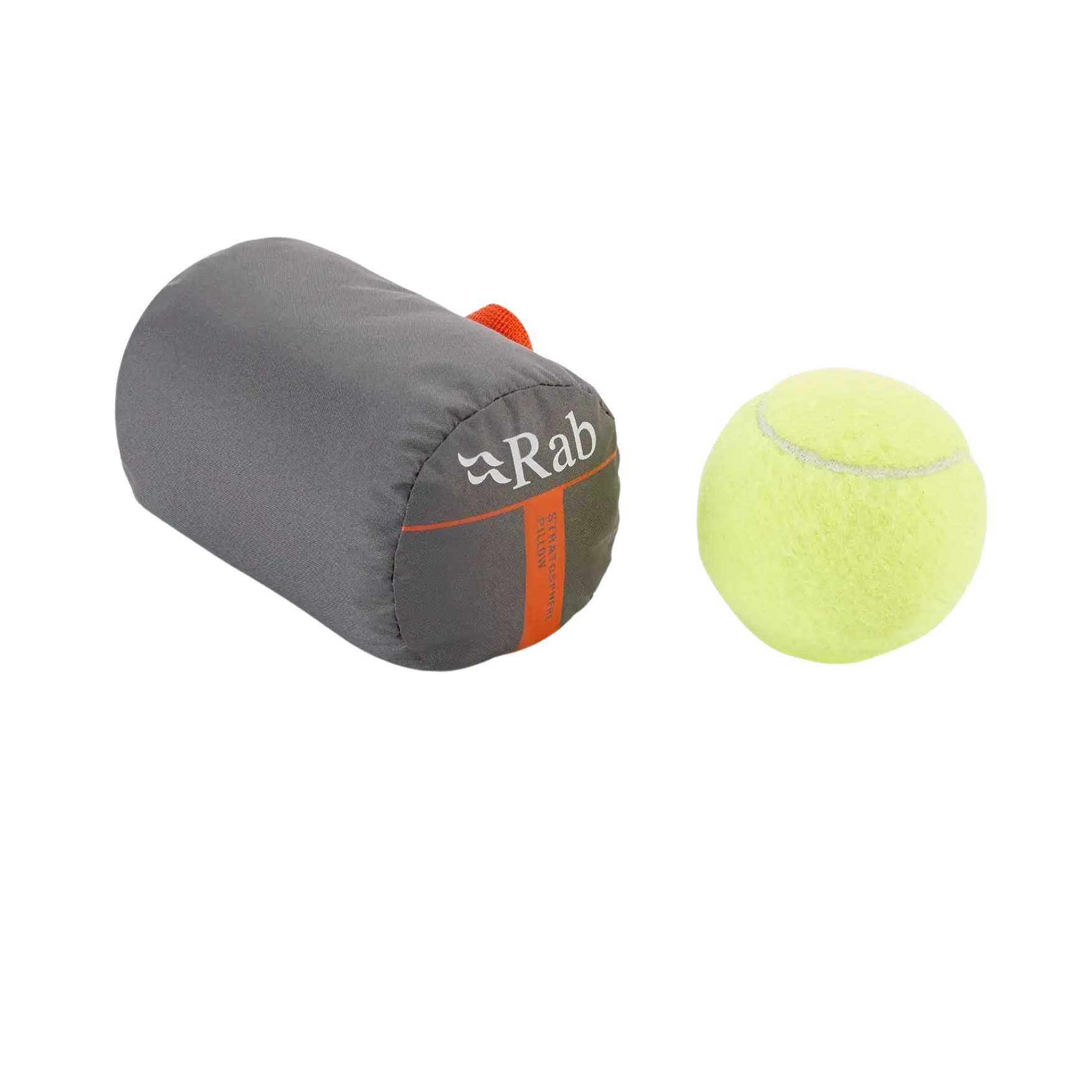 Rab Stratosphere inflatable pillow packed size comparison next to tennis ball showing compact portability