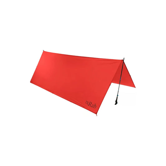 Rab ultralight tarp shelter red side view pitched with trekking pole lightweight camping tarp outdoor gear