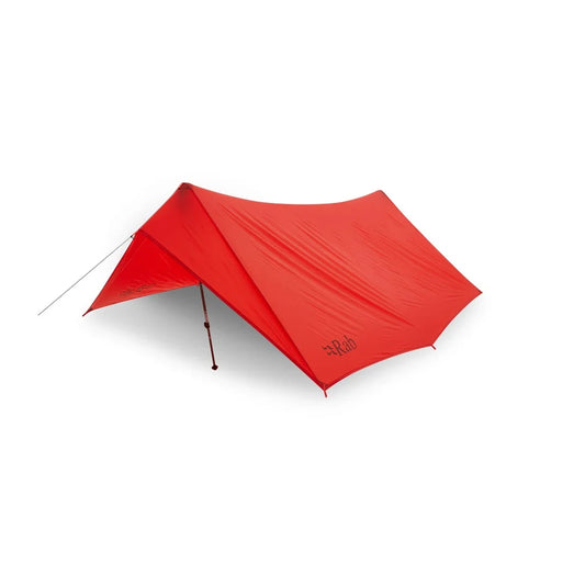 Rab ultralight tarp plus shelter red side view pitched with trekking pole lightweight camping tarp outdoor gear