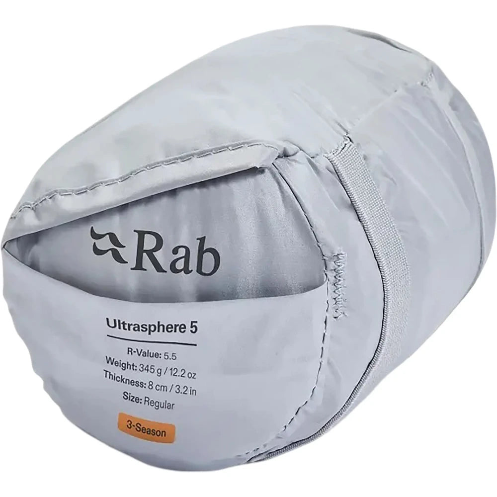 Person holding packed Rab Ultrasphere 5 sleeping mat showing compact size