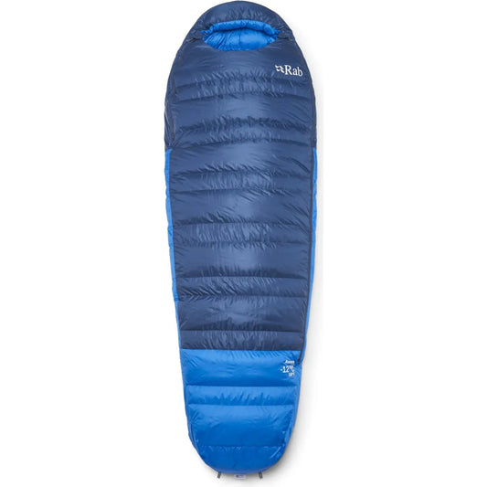 Rab Ascent -12 sleeping bag blue front view fully zipped showing hood and tapered mummy shape