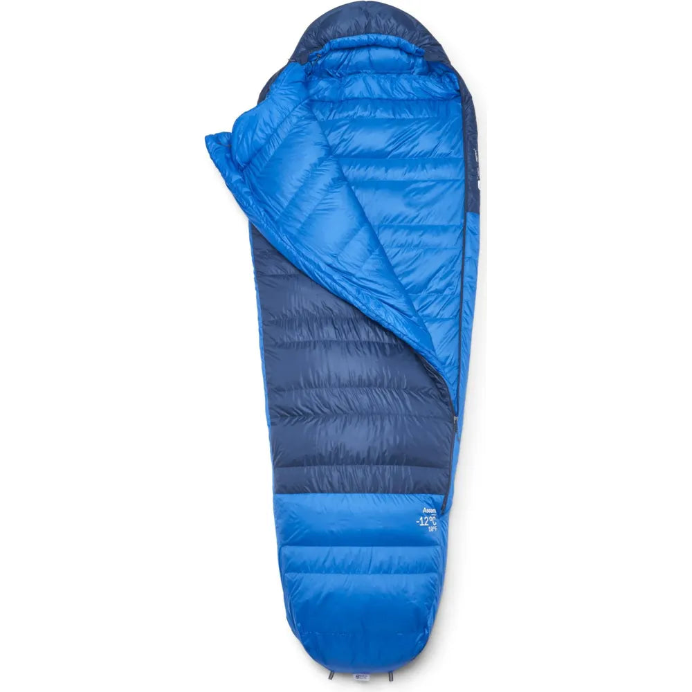 Rab Ascent -12 sleeping bag blue angled open view highlighting hood, zipper, and interior fill