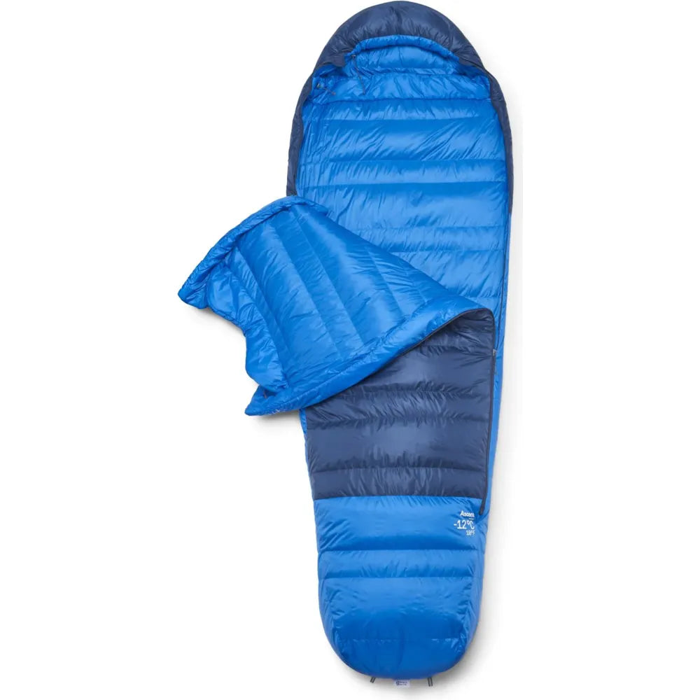 Rab Ascent -12 sleeping bag blue open view showing inner lining and insulation structure