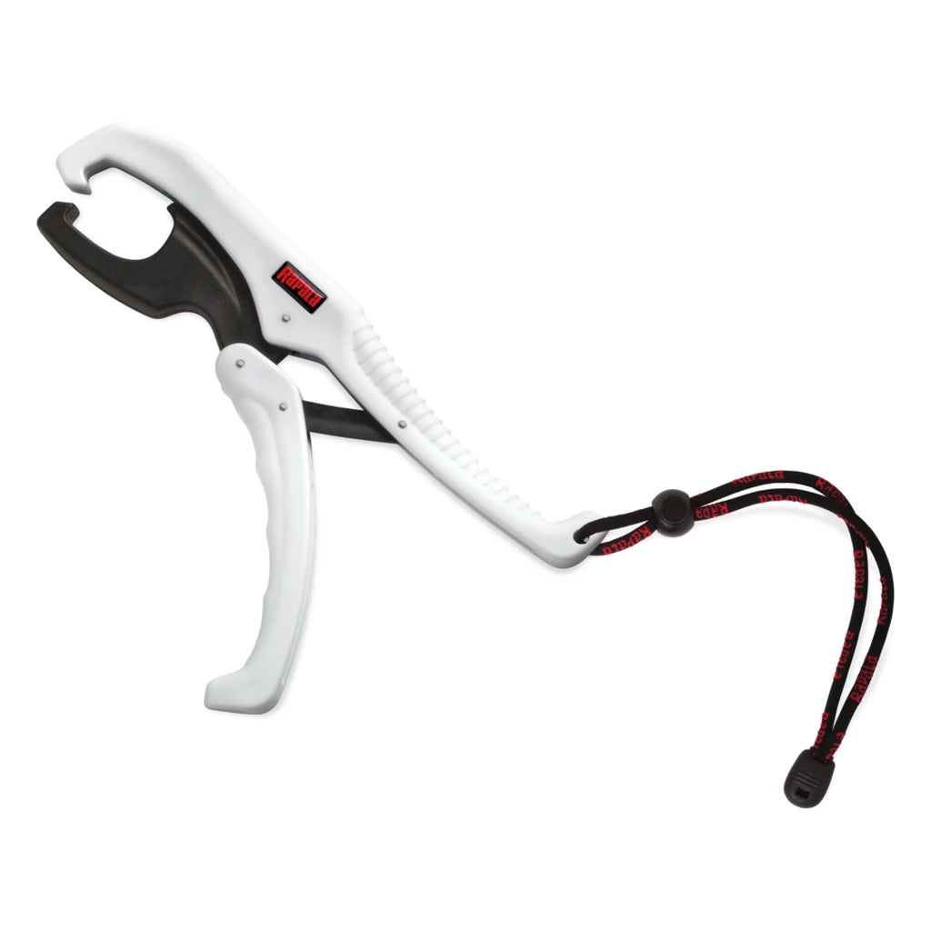 Rapala 6 inch floating fish gripper in white with black jaw, Rapala logo and wrist lanyard