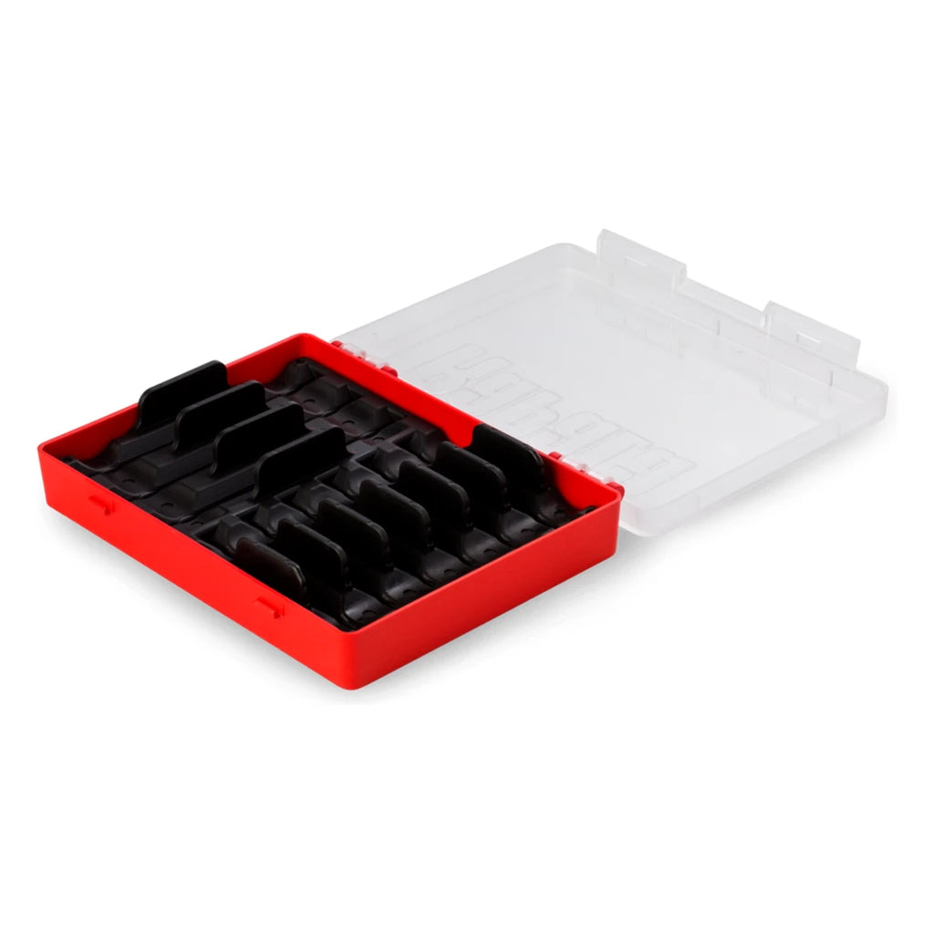 Rapala Jigging Rap ice jig box open showing black jig dividers in a red base with clear lid