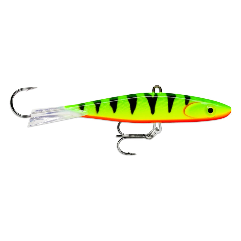 Rapala Jigging Shadow Rap ice fishing jig in glow tiger chartreuse with black stripes and clear tail
