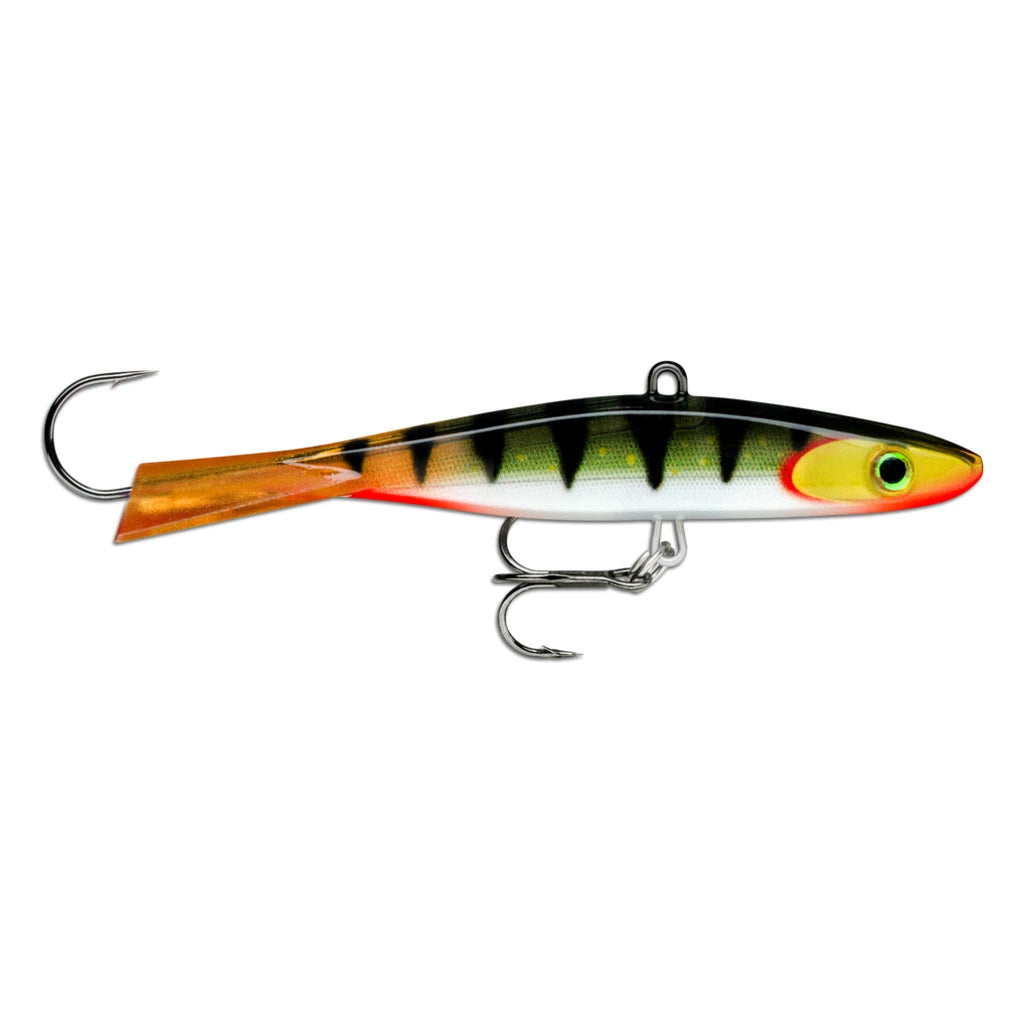 Rapala Jigging Shadow Rap ice fishing jig in perch pattern with gold head, black stripes and orange tail