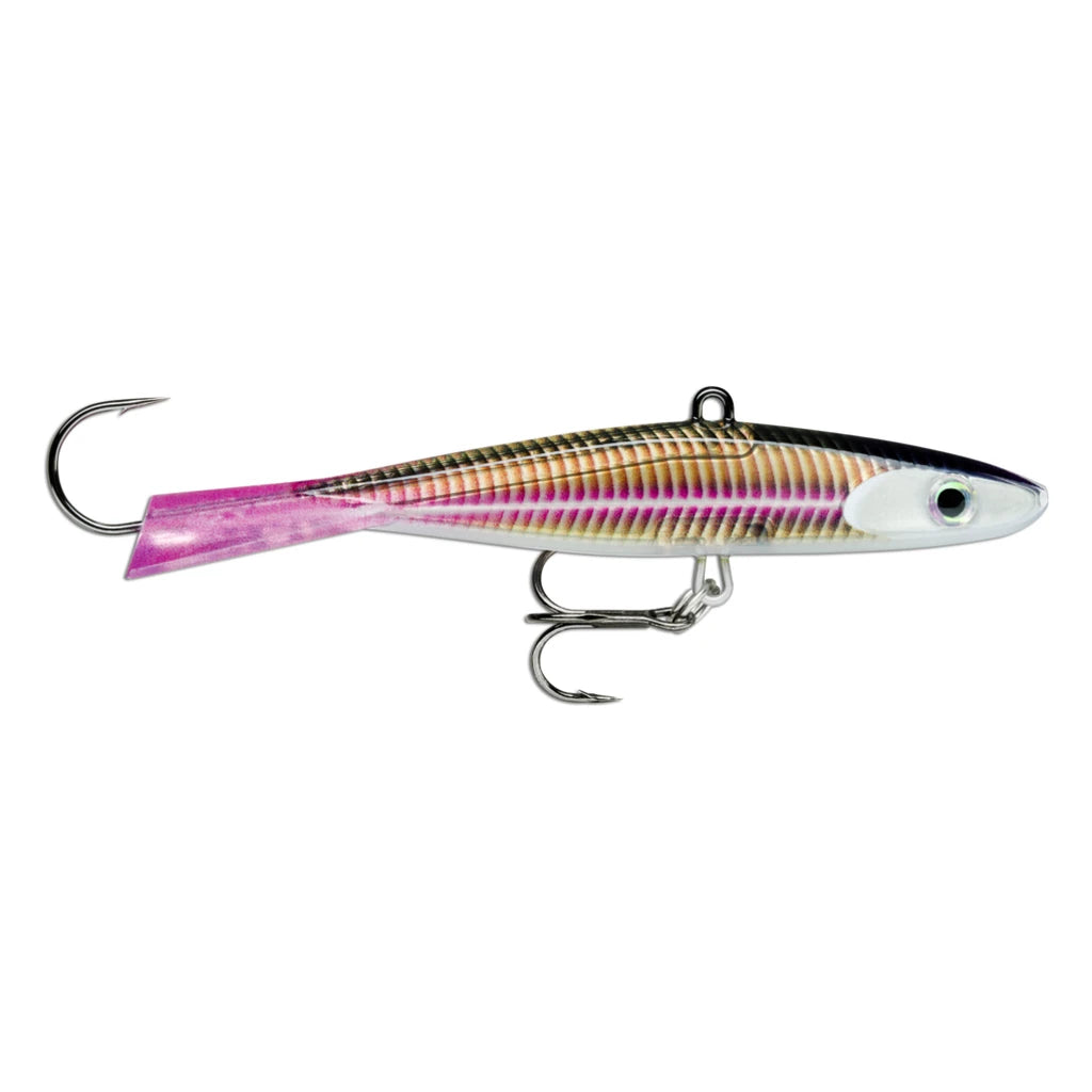 Rapala Jigging Shadow Rap ice fishing jig in purpledescent with pink tail, tail hook and belly treble