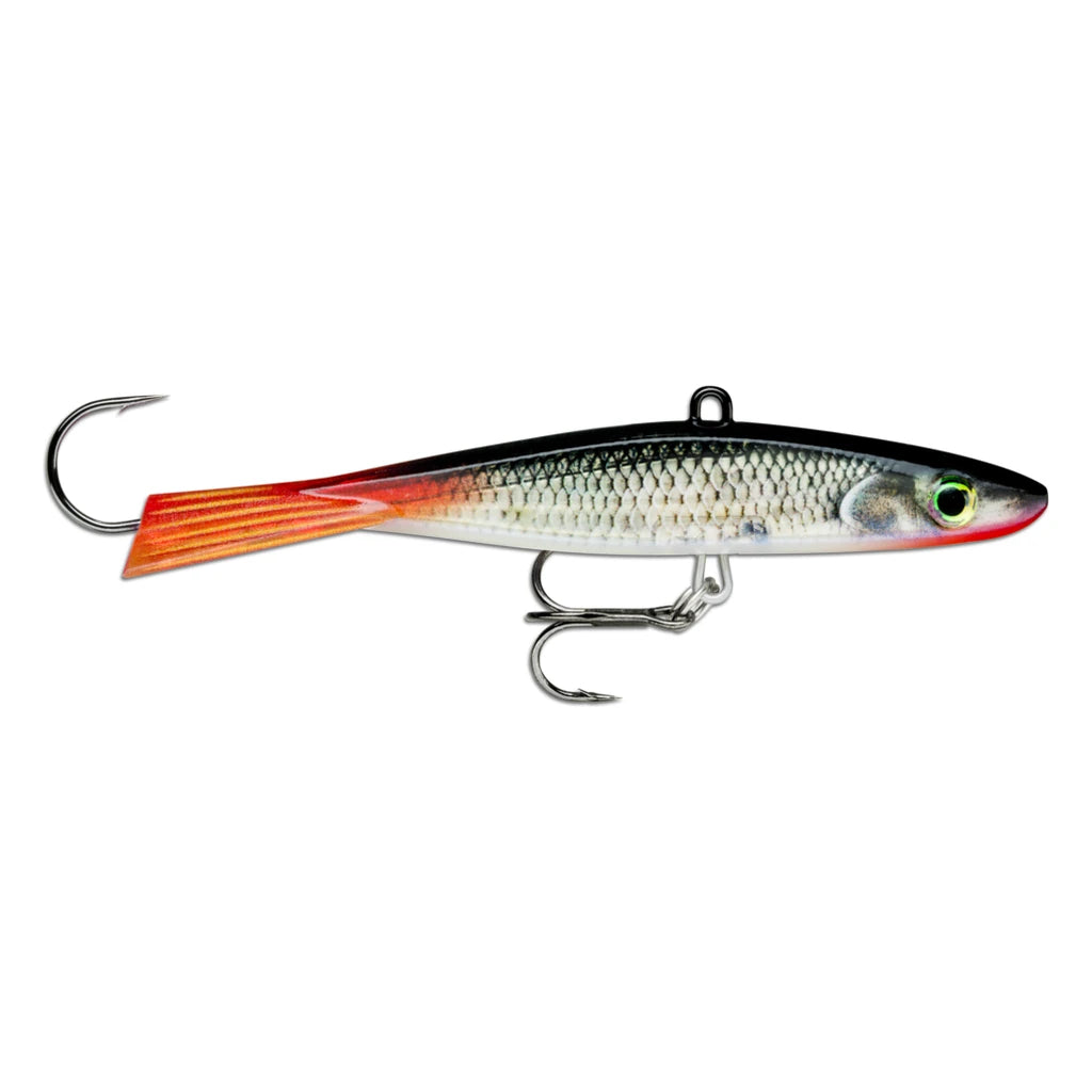 Rapala Jigging Shadow Rap ice fishing jig in silver baitfish finish with black back, orange tail and belly treble