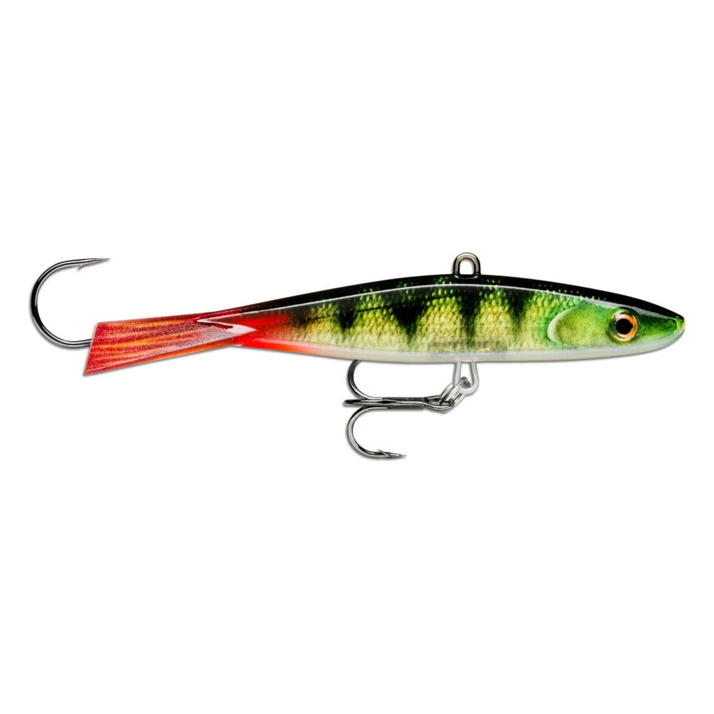 Rapala Jigging Shadow Rap ice fishing jig in yellow perch pattern with green stripes and red tail