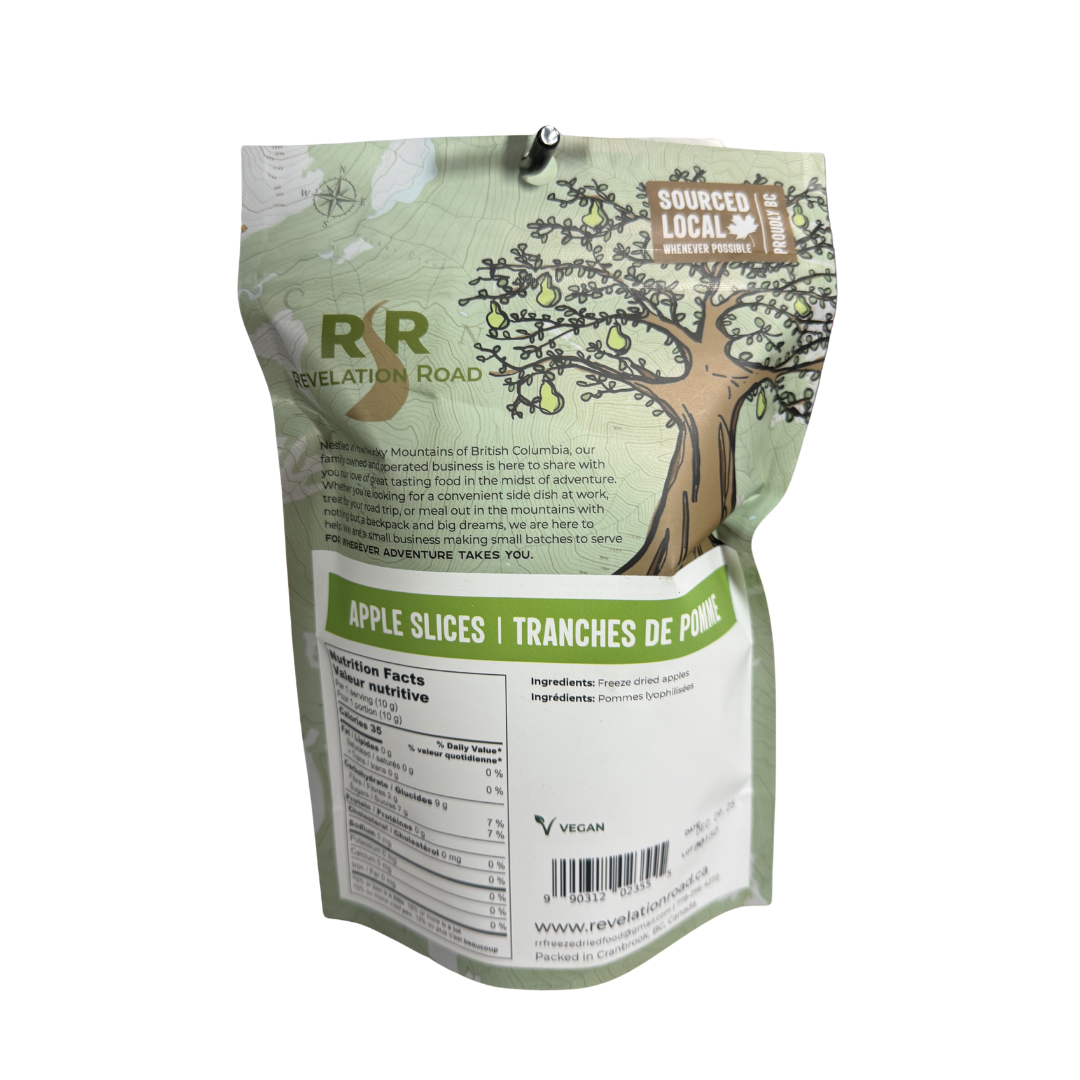 Revelation Road freeze dried apple slices back showing ingredients and nutrition facts