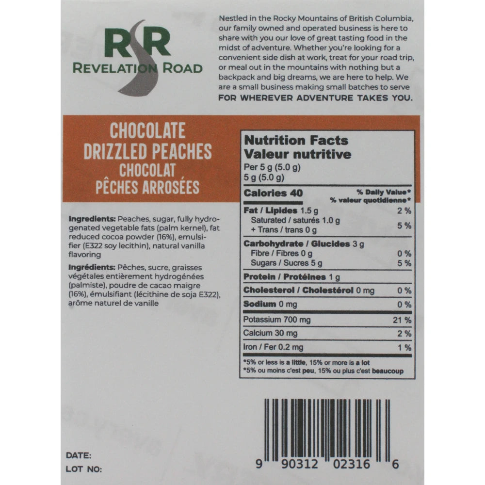 Back label of Revelation Road chocolate drizzled peaches with nutrition facts and ingredients.