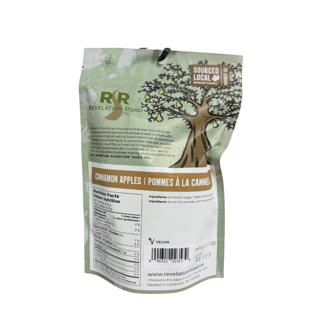 Revelation Road cinnamon apple freeze dried fruit back showing nutrition details