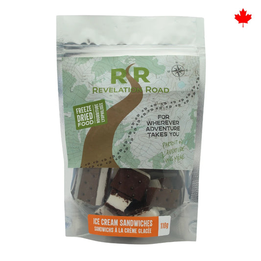 Revelation Road freeze dried vanilla ice cream sandwiches in resealable pouch showing bite size chocolate wafer sandwich pieces with Canadian maple leaf label