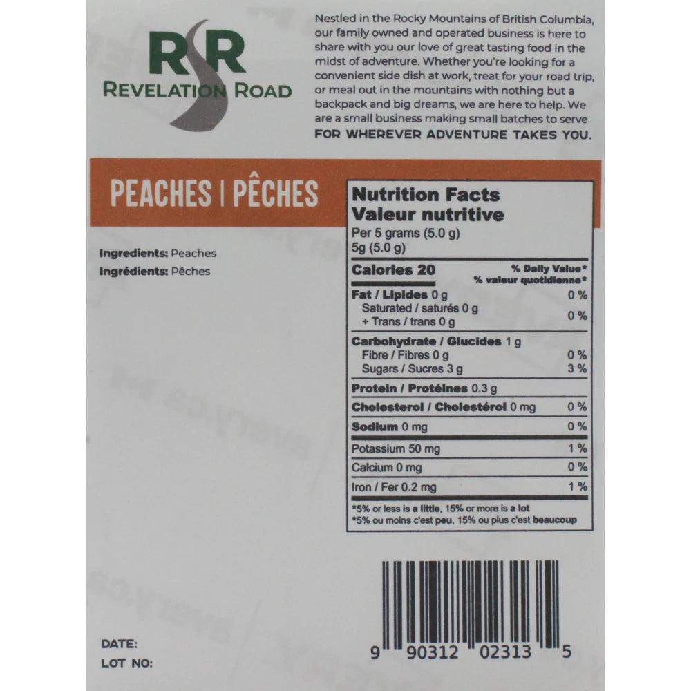 Revelation Road freeze dried peaches in resealable pouch showing nutritional information and label. 
