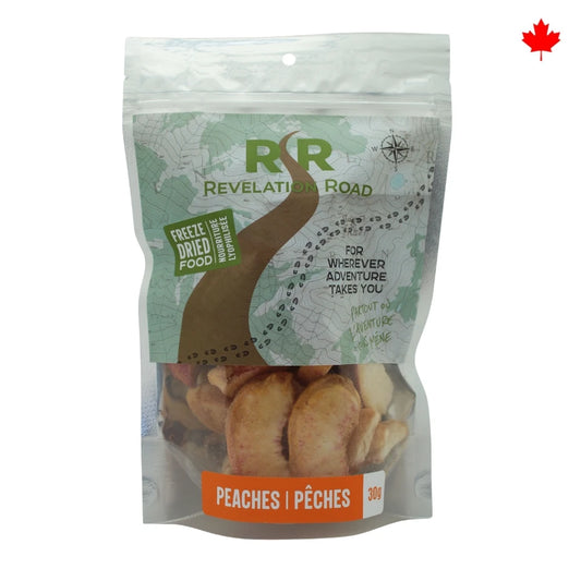 Revelation Road freeze dried peaches in resealable pouch front package view. 