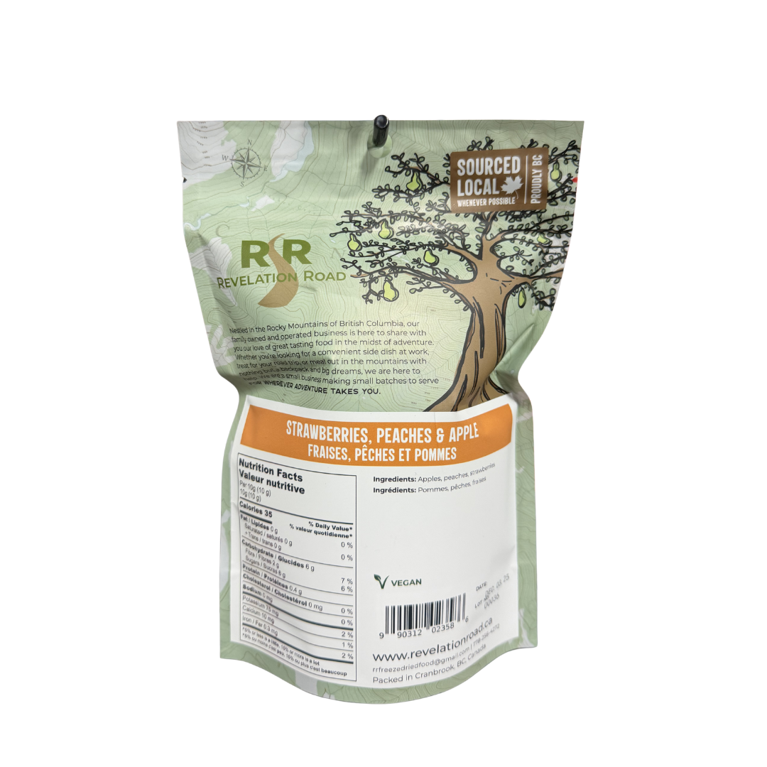 Revelation Road strawberries peaches and apple freeze dried fruit back showing ingredients and nutrition facts
