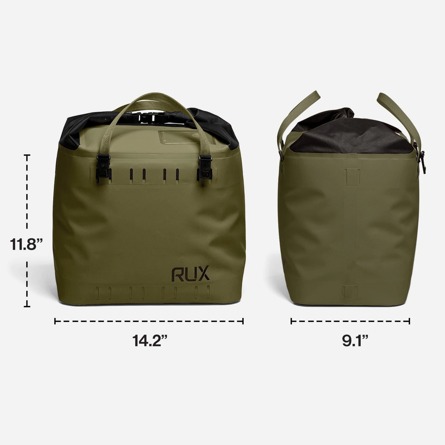 Rux 25L soft cooler bag in green showing dimensions and size measurements.