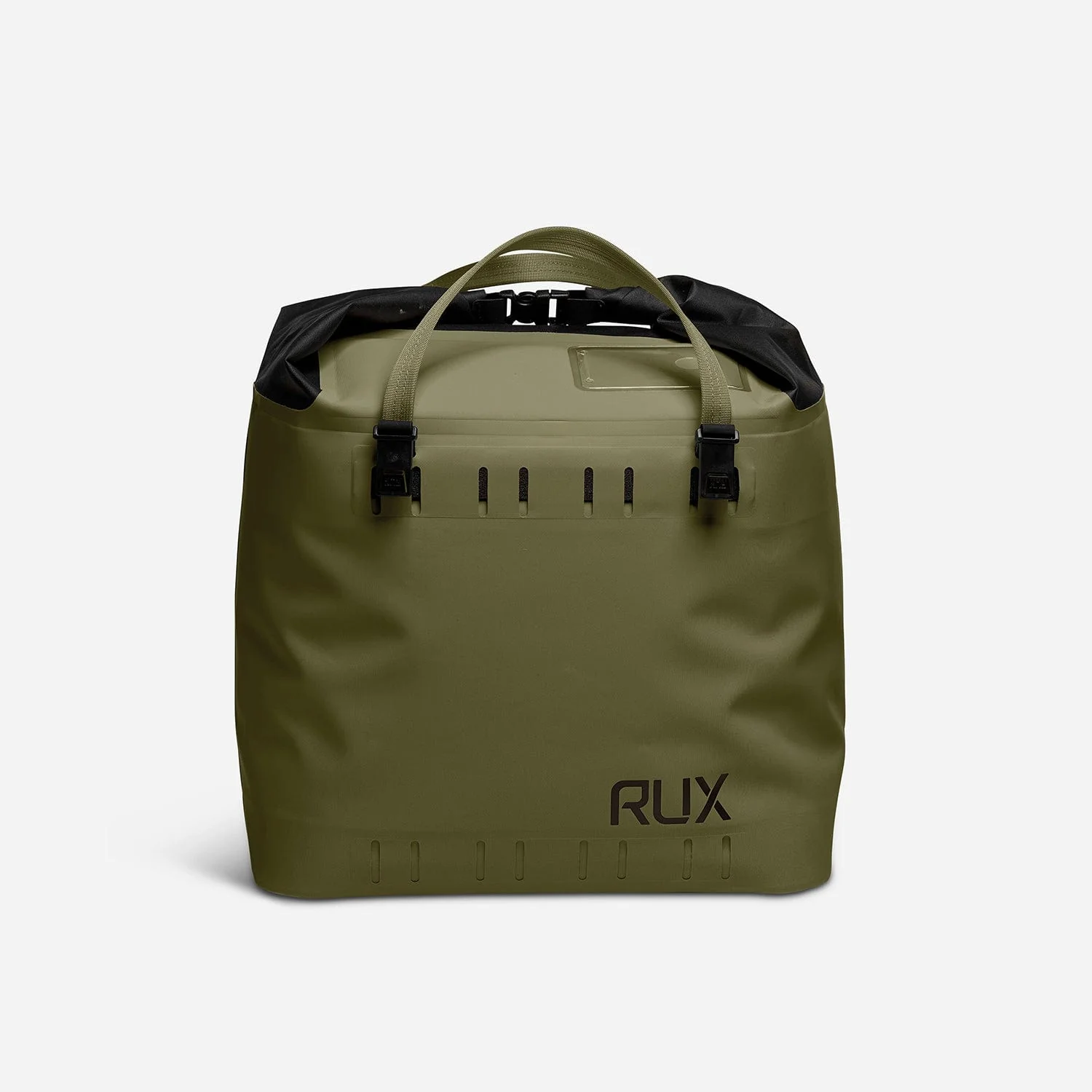 Rux 25L soft cooler bag in olive top view showing roll-top seal and handles.