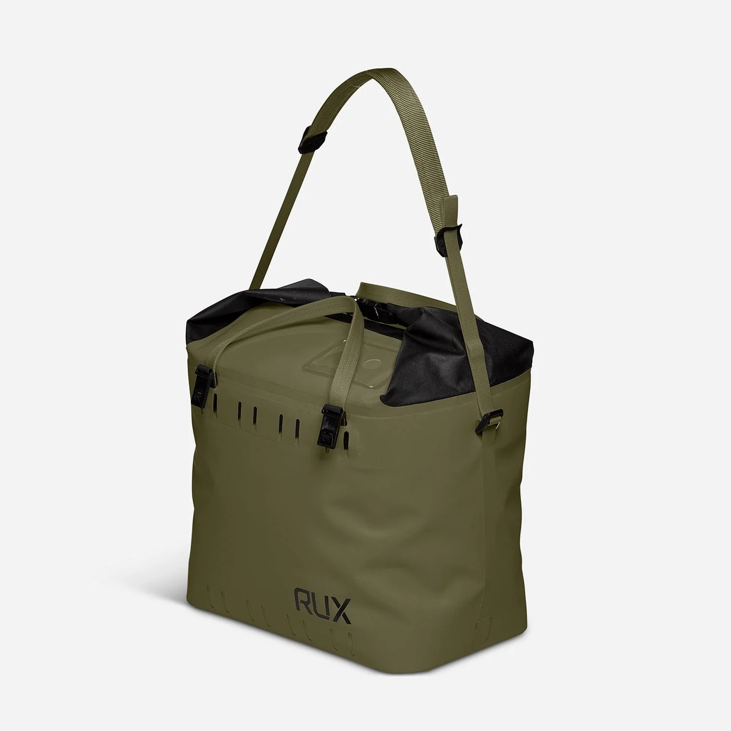 Rux 25L soft cooler bag in green with adjustable shoulder strap and roll-top closure.