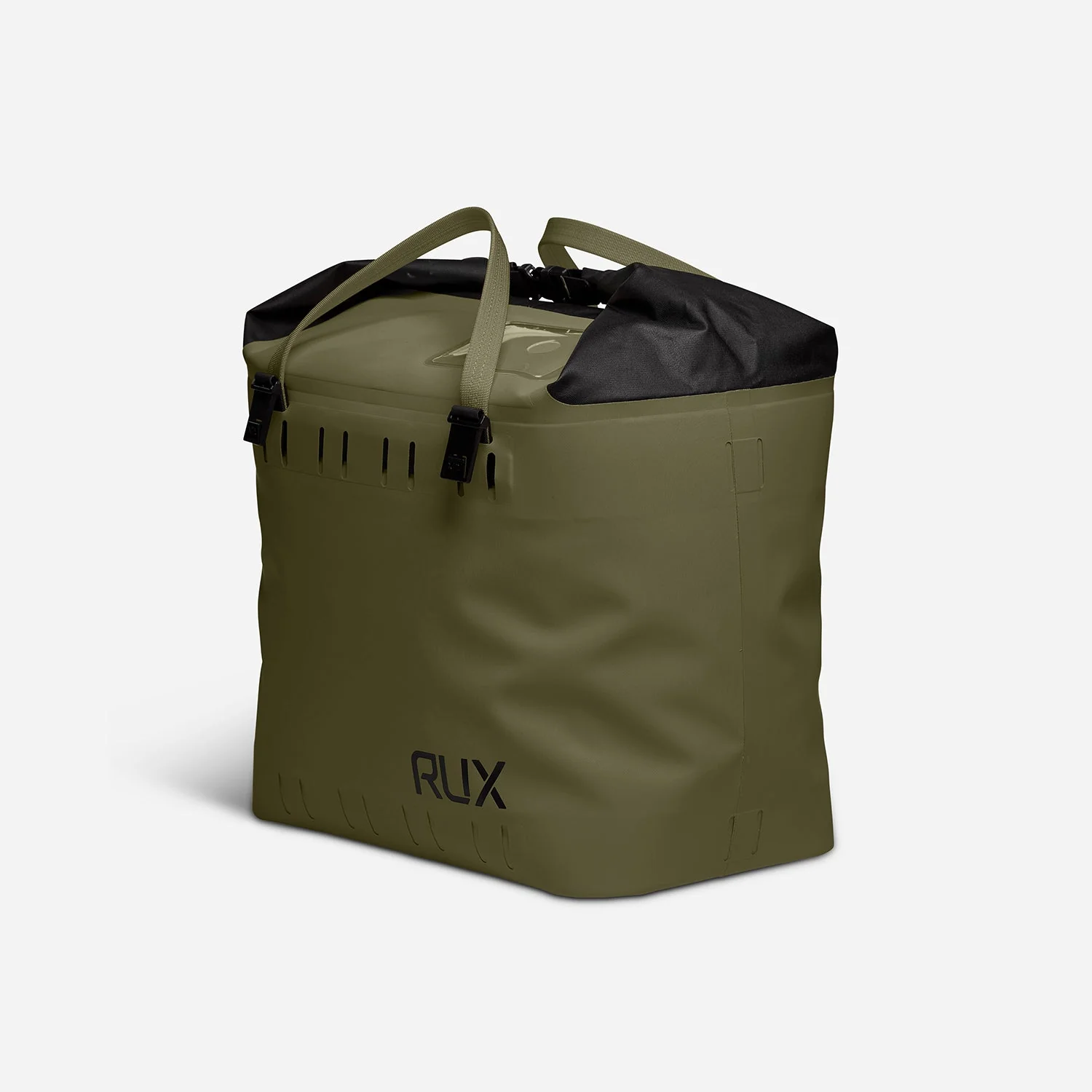 Rux 25L soft cooler bag in green angled view highlighting structure and capacity.