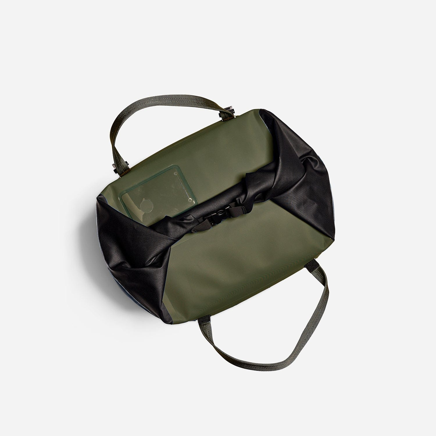 Rux 25L soft cooler bag in green top view showing straps and toll top closure