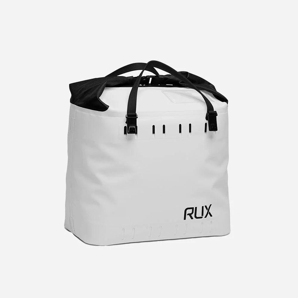 Rux 25L soft cooler bag in white shown at an angle highlighting structure and straps.