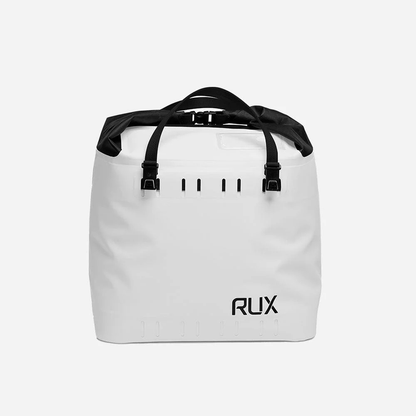Rux 25L soft cooler bag in white, front view with roll-top closure and carry handles.