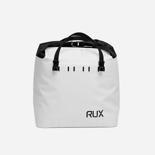 Rux 25L soft cooler bag in white, front view with roll-top closure and carry handles.