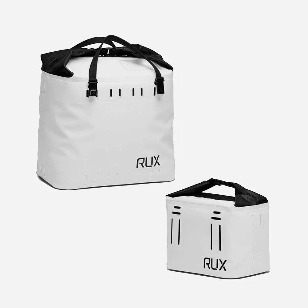 Rux 25L soft cooler bag white size comparison showing large and small cooler versions.