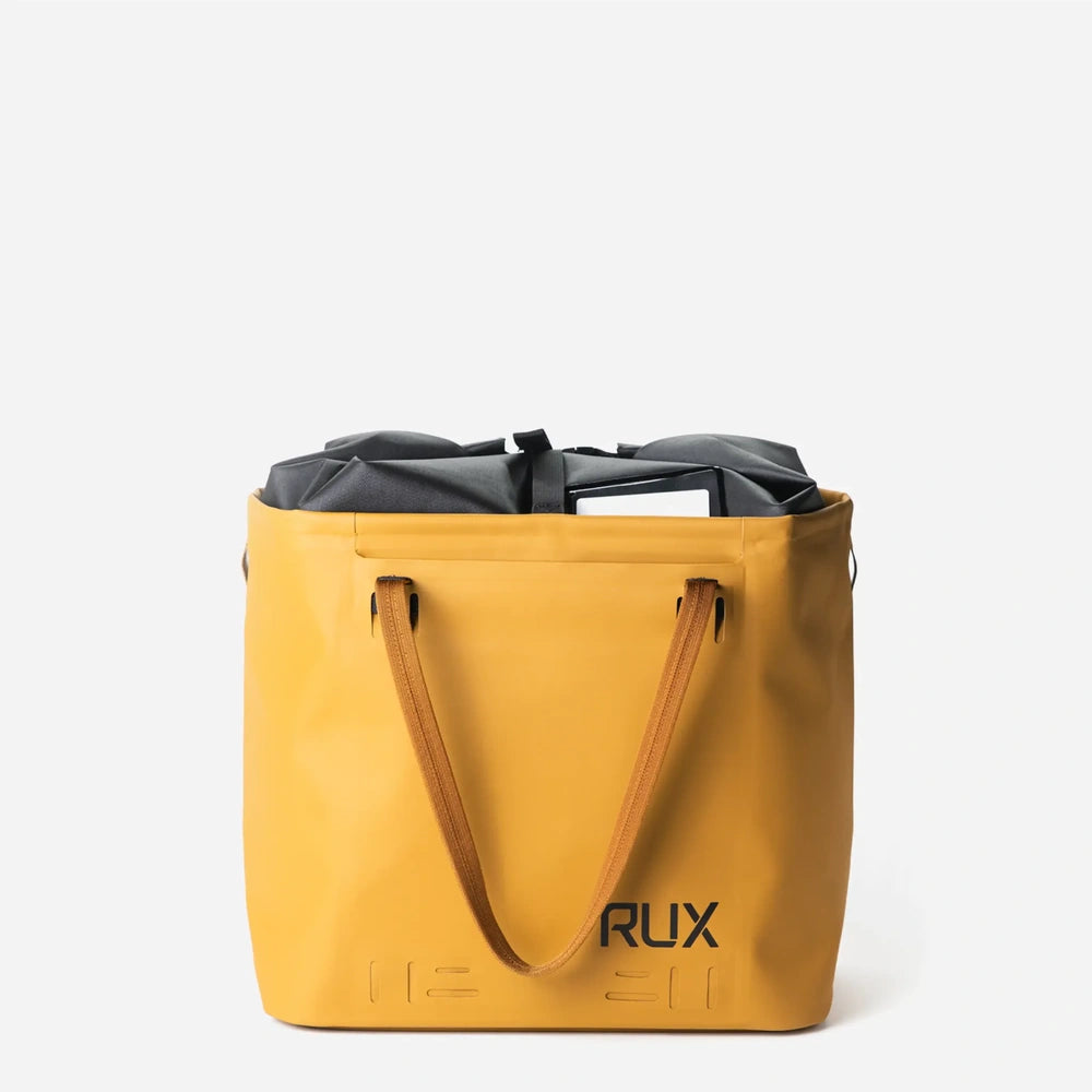 RUX 30L Waterproof Tote in bronze, rux 30l waterproof tote rux wptote 30l bronze waterproof front straps down product view on white background