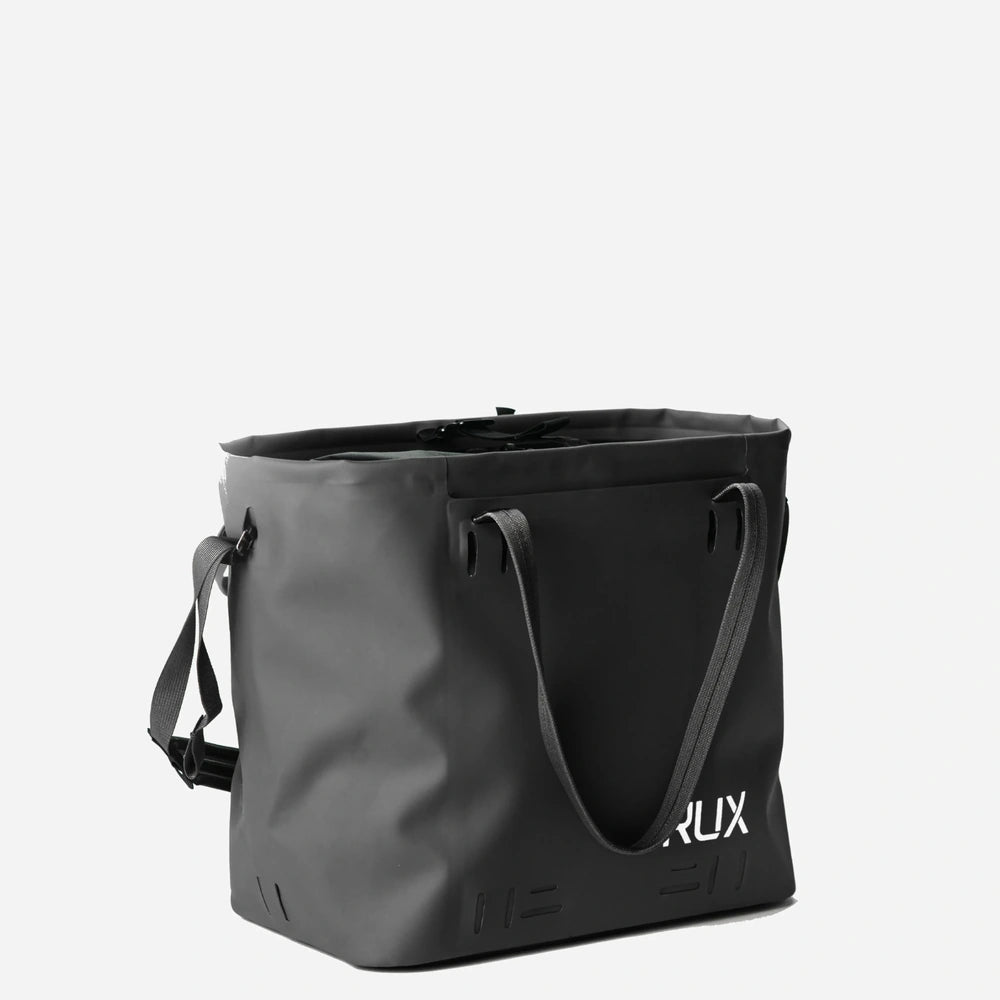 RUX 30L Waterproof Tote in black, black waterproof tote front 34 left no strap product image on white background