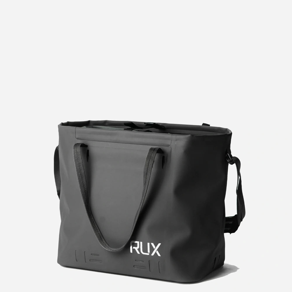 RUX 30L Waterproof Tote in black, black waterproof tote front no strap product image on white background
