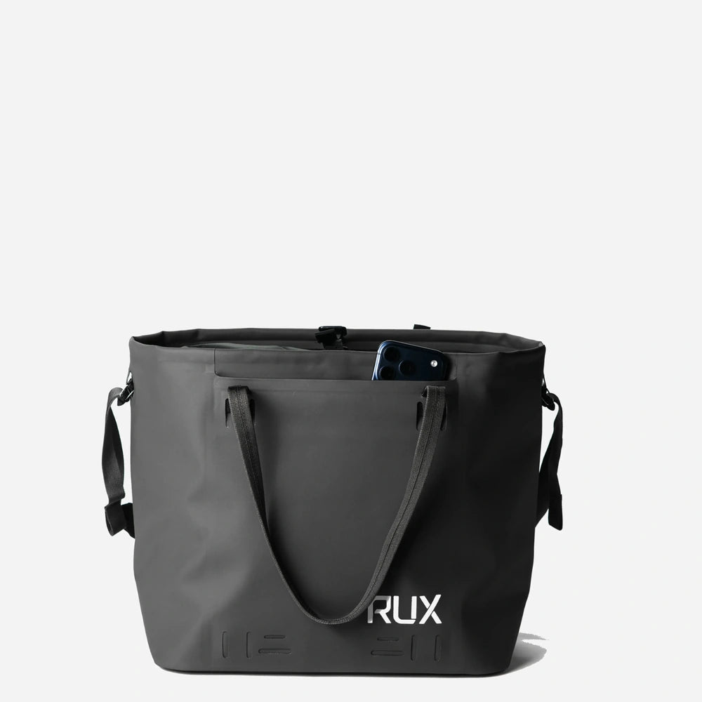 RUX 30L Waterproof Tote in black, black waterproof tote front pocket detail product image on white background