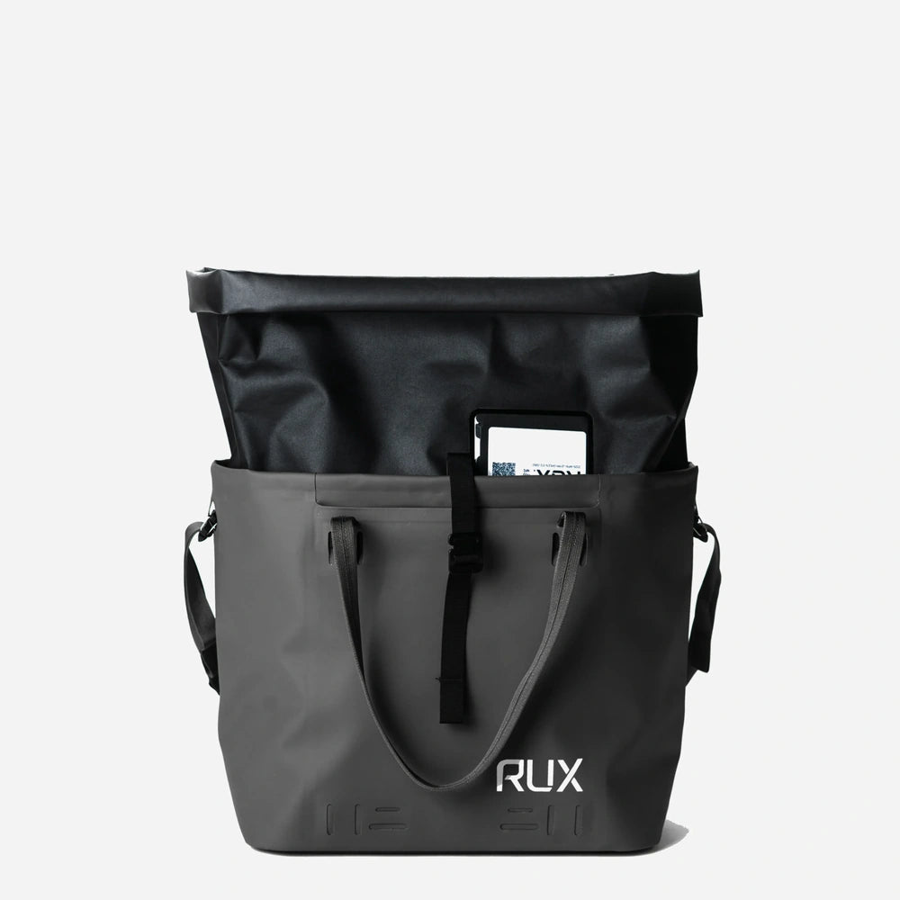 RUX 30L Waterproof Tote in black, black waterproof tote front rolltop product image on white background