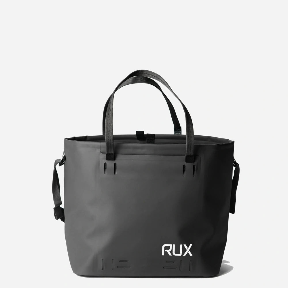 RUX 30L Waterproof Tote in black, black waterproof tote front straps up product image on white background