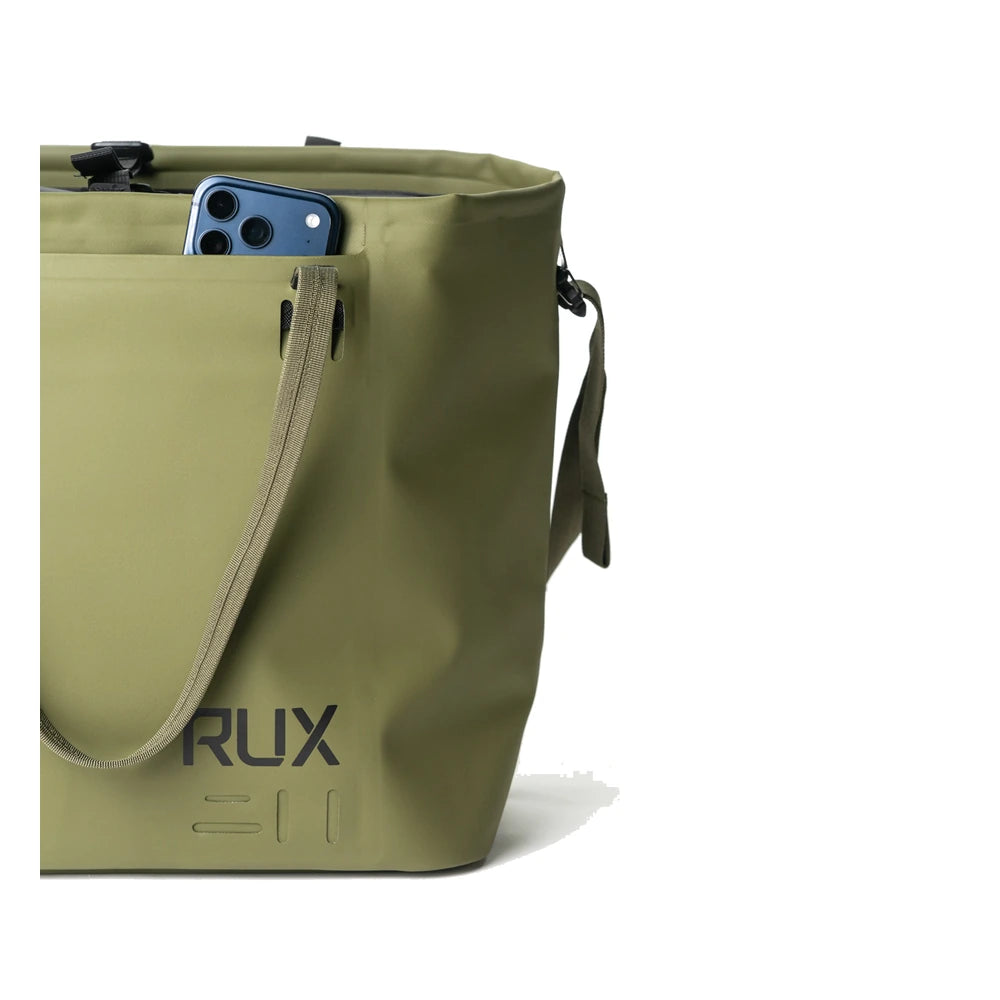 RUX 30L Waterproof Tote in green back angle product image on white background