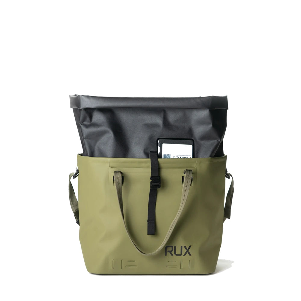 RUX 30L Waterproof Tote in green with rolltop insert front view
