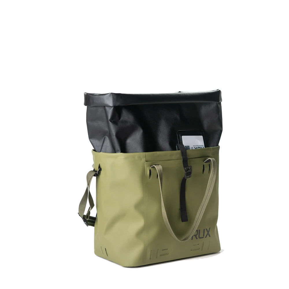 RUX 30L Waterproof Tote in green with black rolltop insert open