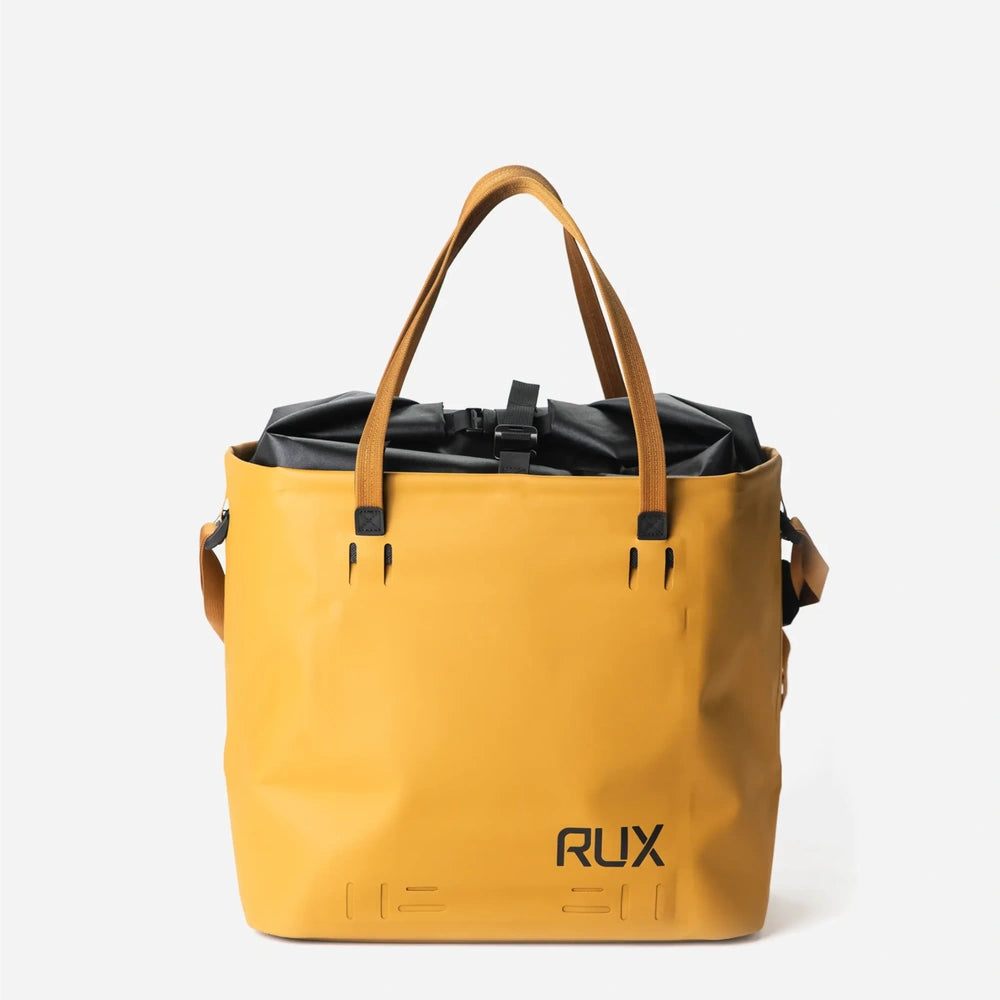 RUX 30L Waterproof Tote in bronze, rux 30l waterproof tote rux waterproof bronze front straps up product view on white background