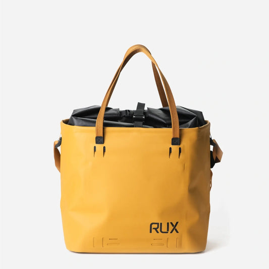 RUX 30L Waterproof Tote in bronze, rux 30l waterproof tote rux waterproof bronze front straps up product view on white background
