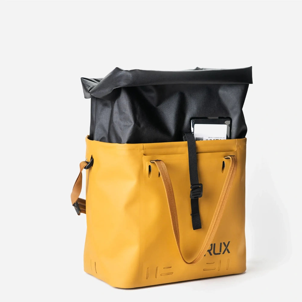 RUX 30L Waterproof Tote in bronze, rux 30l waterproof tote rux wptote 30l bronze waterproof front rolltop product view on white background